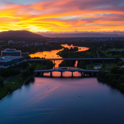 A stunning landscape of Ciudad Guayana, Venezuela at sunset, showcasing the Orinoco River meandering through the city