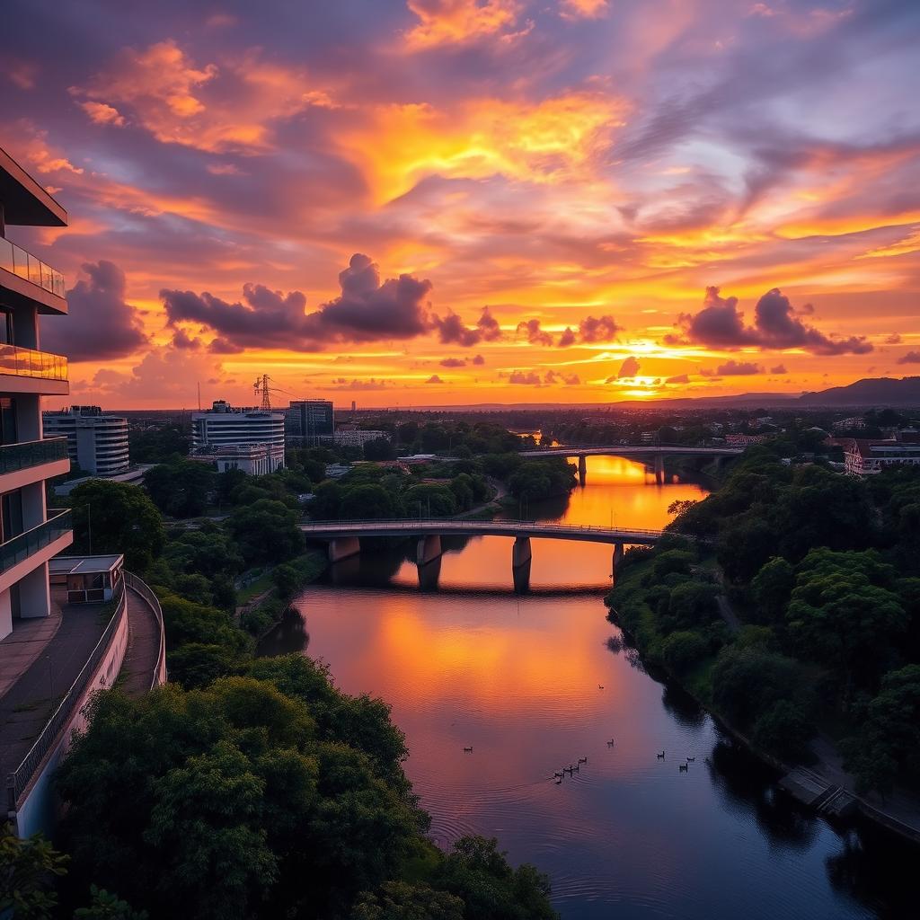 A stunning landscape of Ciudad Guayana, Venezuela at sunset, showcasing the Orinoco River meandering through the city