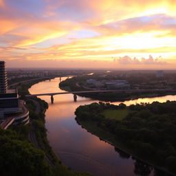 A stunning landscape of Ciudad Guayana, Venezuela at sunset, showcasing the Orinoco River meandering through the city