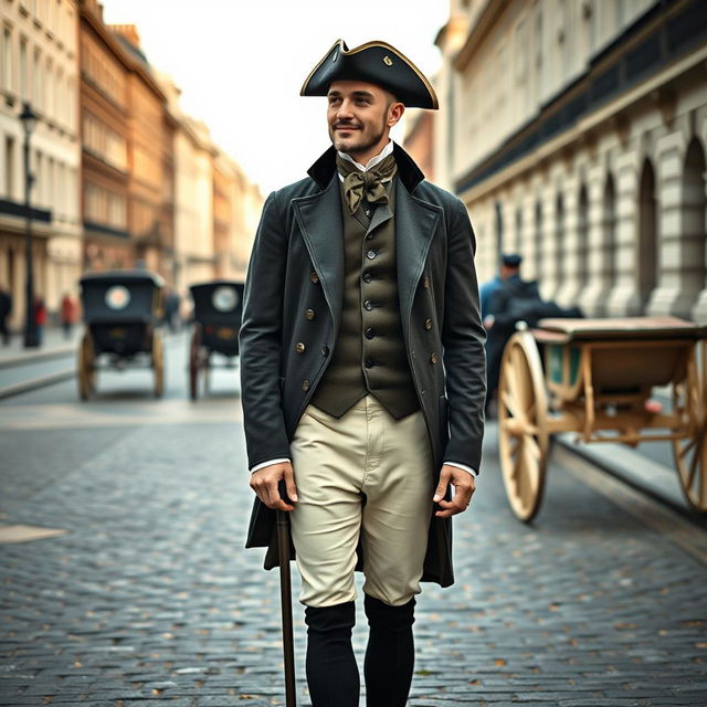 A dapper gentleman standing gracefully in London during the 1700s, dressed in a tailored frock coat, waistcoat, and breeches