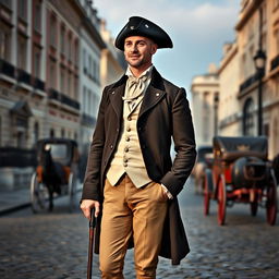 A dapper gentleman standing gracefully in London during the 1700s, dressed in a tailored frock coat, waistcoat, and breeches