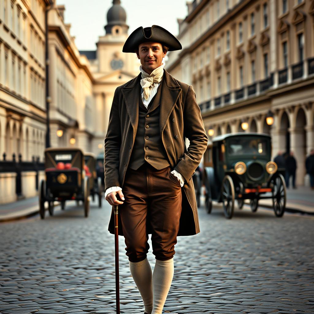 A dapper gentleman standing gracefully in London during the 1700s, dressed in a tailored frock coat, waistcoat, and breeches