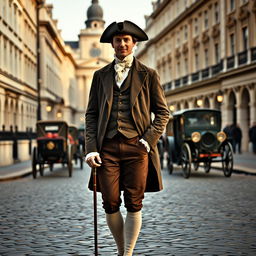 A dapper gentleman standing gracefully in London during the 1700s, dressed in a tailored frock coat, waistcoat, and breeches