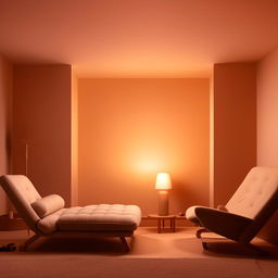 A relaxing, chill vibe room with soothing lighting, cozy furniture, decorated with minimalist aesthetics and soft colors