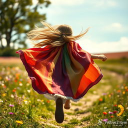 A 10-year-old girl running gracefully from behind, her colorful renaissance cape billowing in the wind, the sunlight illuminating the fabric, a vibrant landscape of a meadow with wildflowers in the background, her long hair flying freely, an expression of joy and freedom on her face, the scene filled with a sense of motion and energy, capturing a moment of adventure in a fantasy realm