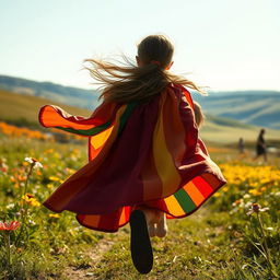 A 10-year-old girl running gracefully from behind, her colorful renaissance cape billowing in the wind, the sunlight illuminating the fabric, a vibrant landscape of a meadow with wildflowers in the background, her long hair flying freely, an expression of joy and freedom on her face, the scene filled with a sense of motion and energy, capturing a moment of adventure in a fantasy realm