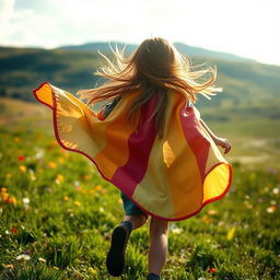 A 10-year-old girl running gracefully from behind, her colorful renaissance cape billowing in the wind, the sunlight illuminating the fabric, a vibrant landscape of a meadow with wildflowers in the background, her long hair flying freely, an expression of joy and freedom on her face, the scene filled with a sense of motion and energy, capturing a moment of adventure in a fantasy realm