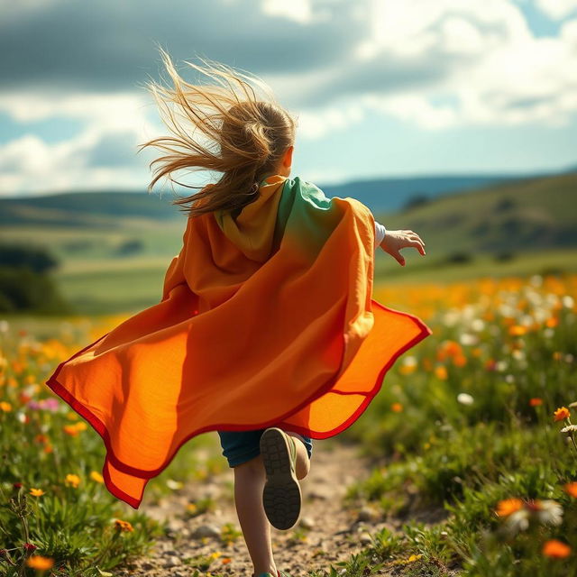 A 10-year-old girl running gracefully from behind, her colorful renaissance cape billowing in the wind, the sunlight illuminating the fabric, a vibrant landscape of a meadow with wildflowers in the background, her long hair flying freely, an expression of joy and freedom on her face, the scene filled with a sense of motion and energy, capturing a moment of adventure in a fantasy realm