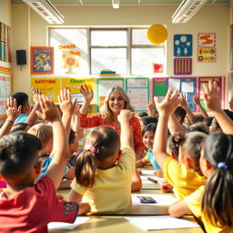 A vibrant and colorful classroom setting with students actively participating in a fun and engaging quiz
