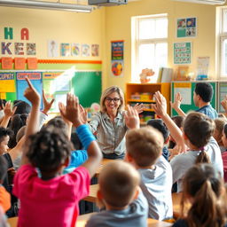 A vibrant and colorful classroom setting with students actively participating in a fun and engaging quiz