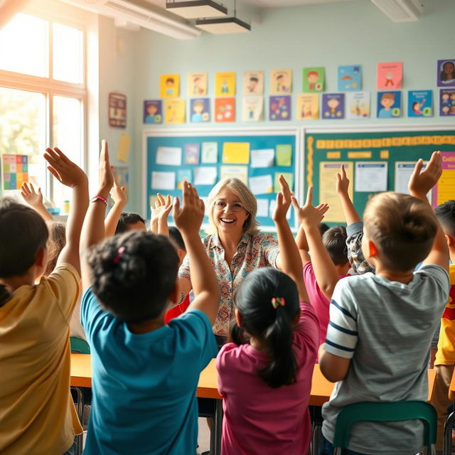 A vibrant and colorful classroom setting with students actively participating in a fun and engaging quiz