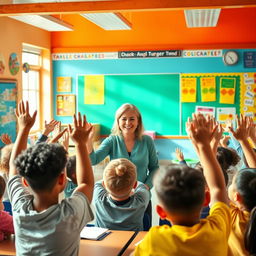 A vibrant and colorful classroom setting with students actively participating in a fun and engaging quiz