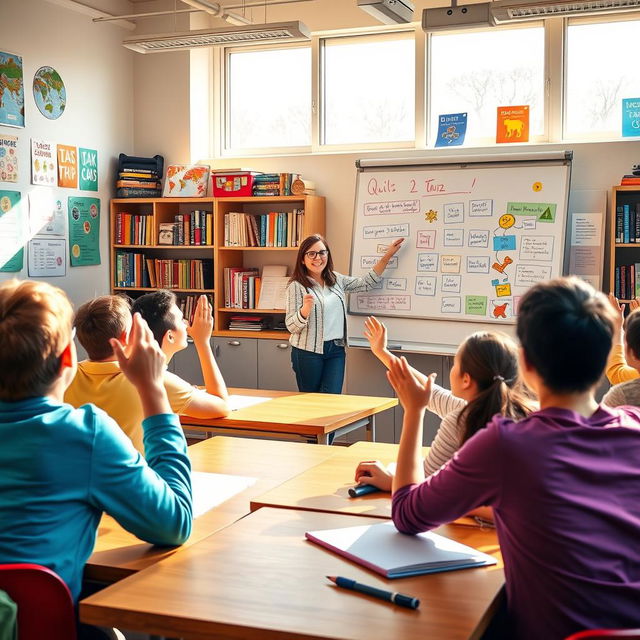 A vibrant and colorful quiz scene set in a lively classroom environment