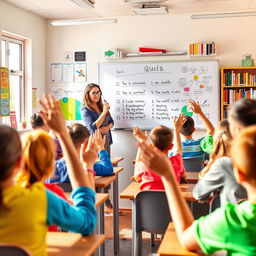 A vibrant and colorful quiz scene set in a lively classroom environment