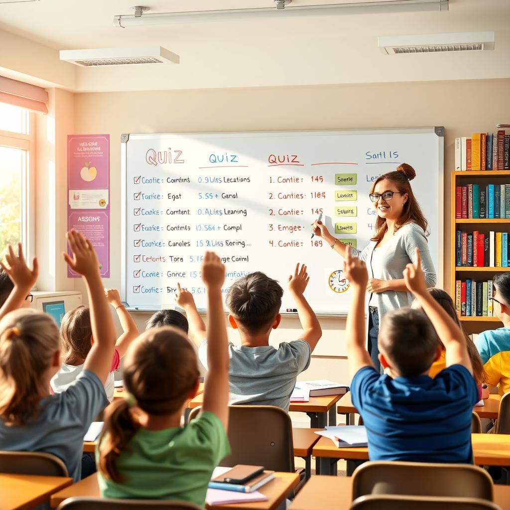 A vibrant and colorful quiz scene set in a lively classroom environment