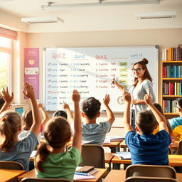 A vibrant and colorful quiz scene set in a lively classroom environment