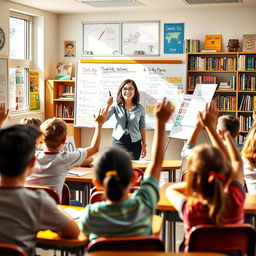 A vibrant and colorful quiz scene set in a lively classroom environment