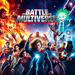 A vibrant movie poster showcasing an epic battle between heroes and villains from various films and franchises, all clashing in an intense multiverse setting