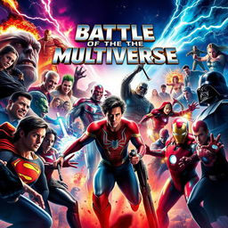 A vibrant movie poster showcasing an epic battle between heroes and villains from various films and franchises, all clashing in an intense multiverse setting