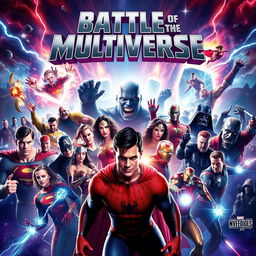 A vibrant movie poster showcasing an epic battle between heroes and villains from various films and franchises, all clashing in an intense multiverse setting