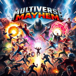 A stunning movie poster featuring an epic confrontation between a broad array of heroes and villains from various films, all engaged in a fierce battle for the multiverse