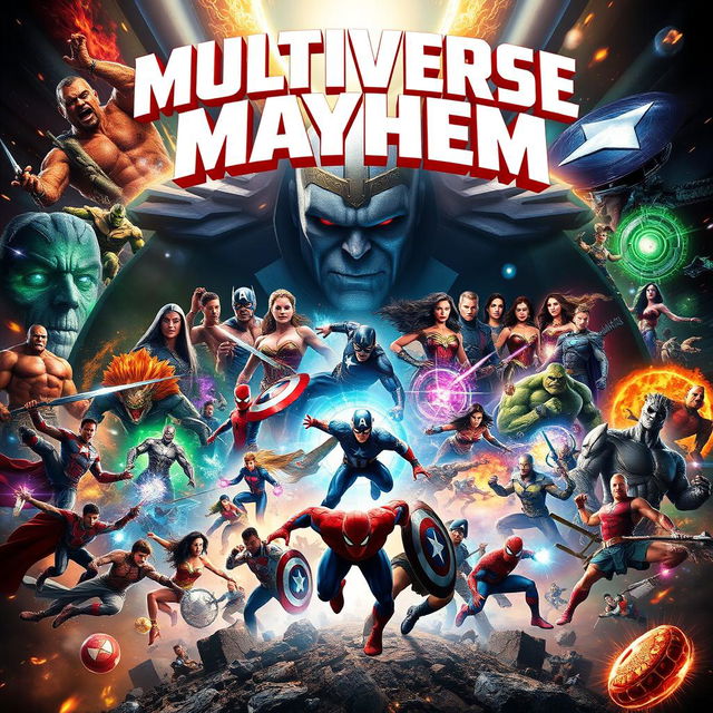 A stunning movie poster featuring an epic confrontation between a broad array of heroes and villains from various films, all engaged in a fierce battle for the multiverse