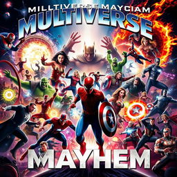 A stunning movie poster featuring an epic confrontation between a broad array of heroes and villains from various films, all engaged in a fierce battle for the multiverse