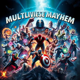 A stunning movie poster featuring an epic confrontation between a broad array of heroes and villains from various films, all engaged in a fierce battle for the multiverse