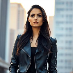 A realistic portrait of a confident young woman standing against a textured urban backdrop