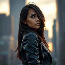 A realistic portrait of a confident young woman standing against a textured urban backdrop
