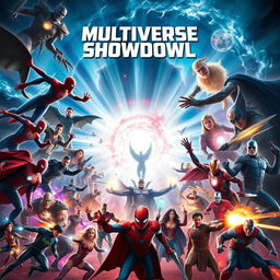 A spectacular movie poster featuring a grand showdown between legendary superheroes and infamous villains from various films across genres, all locked in an epic battle for control of the multiverse