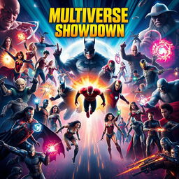 A spectacular movie poster featuring a grand showdown between legendary superheroes and infamous villains from various films across genres, all locked in an epic battle for control of the multiverse