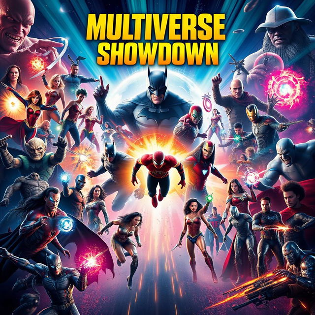 A spectacular movie poster featuring a grand showdown between legendary superheroes and infamous villains from various films across genres, all locked in an epic battle for control of the multiverse