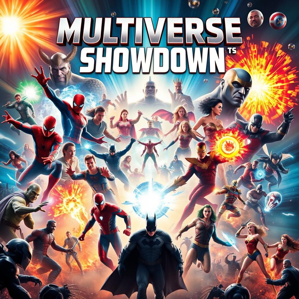 A spectacular movie poster featuring a grand showdown between legendary superheroes and infamous villains from various films across genres, all locked in an epic battle for control of the multiverse