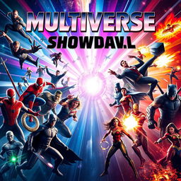 A spectacular movie poster featuring a grand showdown between legendary superheroes and infamous villains from various films across genres, all locked in an epic battle for control of the multiverse