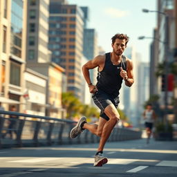 A realistic depiction of a person running in a vibrant urban setting