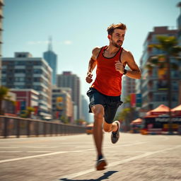 A realistic depiction of a person running in a vibrant urban setting