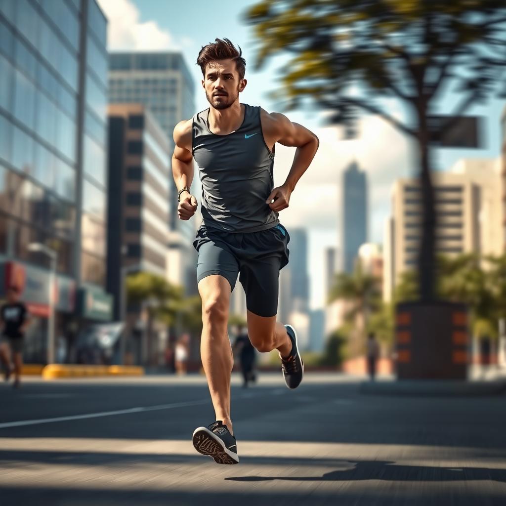 A realistic depiction of a person running in a vibrant urban setting