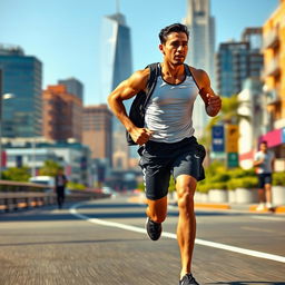 A realistic depiction of a person running in a vibrant urban setting