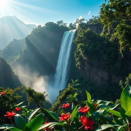 A realistic depiction of Angel Falls, Venezuela, capturing the stunning beauty of its majestic waterfall cascading down a cliff surrounded by lush green jungle