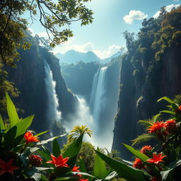 A realistic depiction of Angel Falls, Venezuela, capturing the stunning beauty of its majestic waterfall cascading down a cliff surrounded by lush green jungle