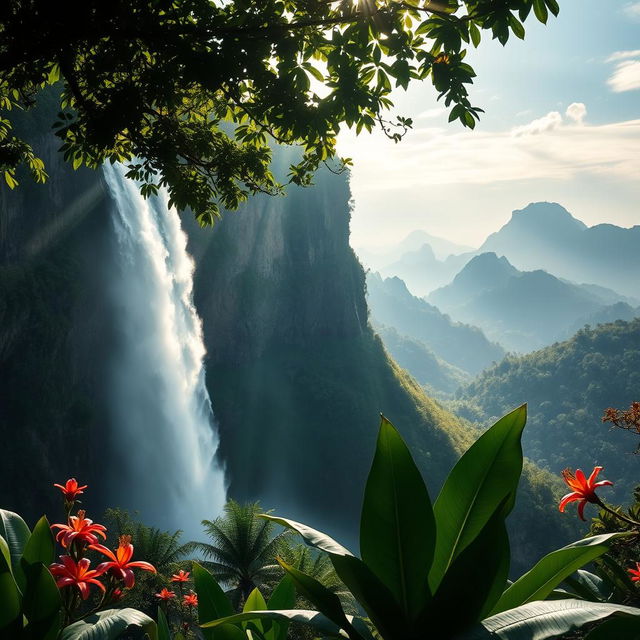 A realistic depiction of Angel Falls, Venezuela, capturing the stunning beauty of its majestic waterfall cascading down a cliff surrounded by lush green jungle