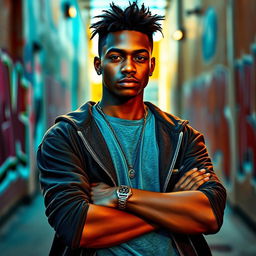 A realistic portrait of a young Black male with a confident expression, showcasing stylish hair, wearing a casual yet trendy outfit