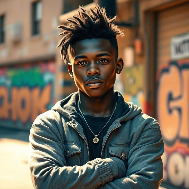 A realistic portrait of a young Black male with a confident expression, showcasing stylish hair, wearing a casual yet trendy outfit