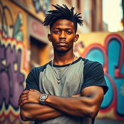 A realistic portrait of a young Black male with a confident expression, showcasing stylish hair, wearing a casual yet trendy outfit