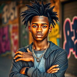 A realistic portrait of a young Black male with a confident expression, showcasing stylish hair, wearing a casual yet trendy outfit