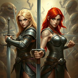 Ophelia, a fierce blonde knight on the left, and Barria, a valiant red-headed knight on the right, are engaged in an epic battle against alien-looking evil creatures, both warriors facing the viewer with determination in their eyes