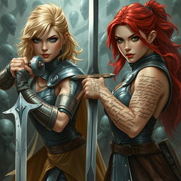 Ophelia, a fierce blonde knight on the left, and Barria, a valiant red-headed knight on the right, are engaged in an epic battle against alien-looking evil creatures, both warriors facing the viewer with determination in their eyes