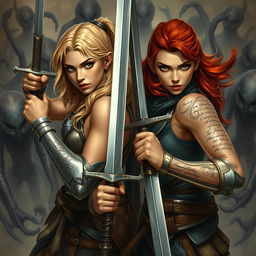 Ophelia, a fierce blonde knight on the left, and Barria, a valiant red-headed knight on the right, are engaged in an epic battle against alien-looking evil creatures, both warriors facing the viewer with determination in their eyes