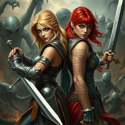 Ophelia, a fierce blonde knight on the left, and Barria, a valiant red-headed knight on the right, are engaged in an epic battle against alien-looking evil creatures, both warriors facing the viewer with determination in their eyes